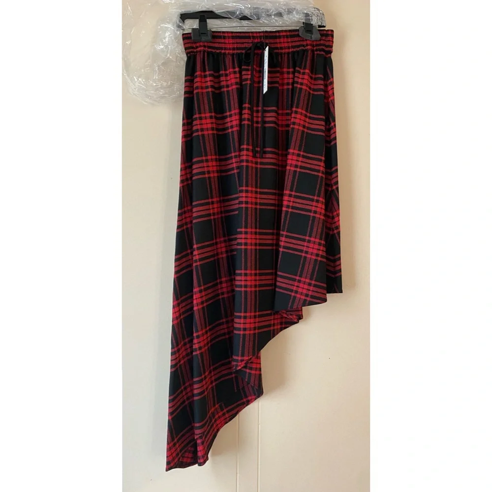 Alice + Olivia Natalina Plaid High-Low Asymmetrical Red Black Midi Skirt